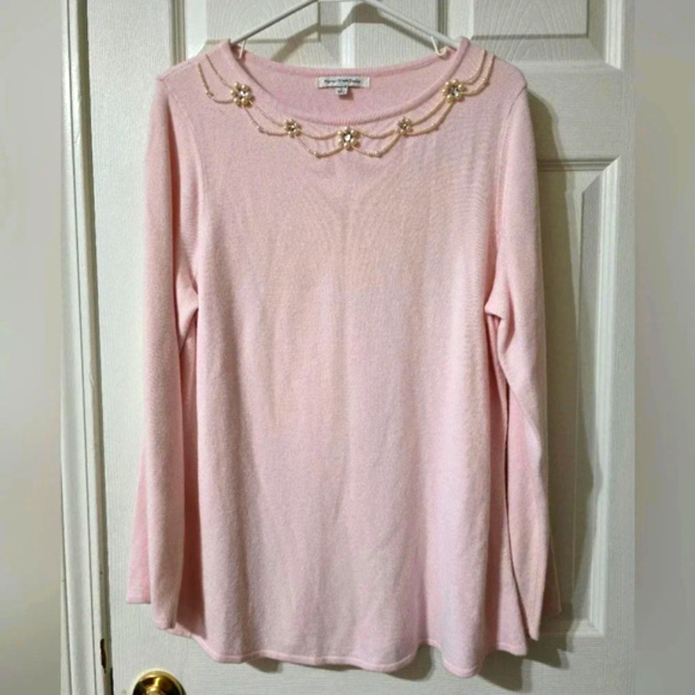Light Pink Beaded Pearl & Rhinestone Neckline Grandmacore Sweater, EUC!